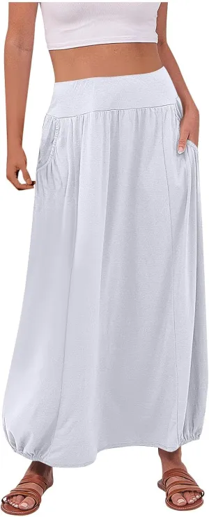 Women Summer Long Maxi Skirts Elastic High Waisted Ankle Length Boho Skirt 2025 Trendy Vacation Dress with Pockets