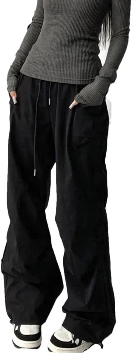 Women Summer Vintage Pockets Cargo Trousers Low Rise Wide Leg Joggers Pants