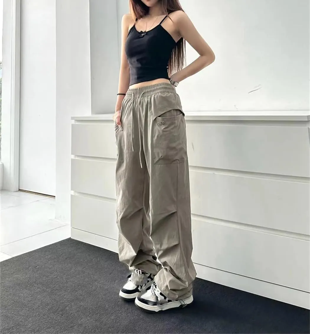 Women Summer Vintage Pockets Cargo Trousers Low Rise Wide Leg Joggers Pants