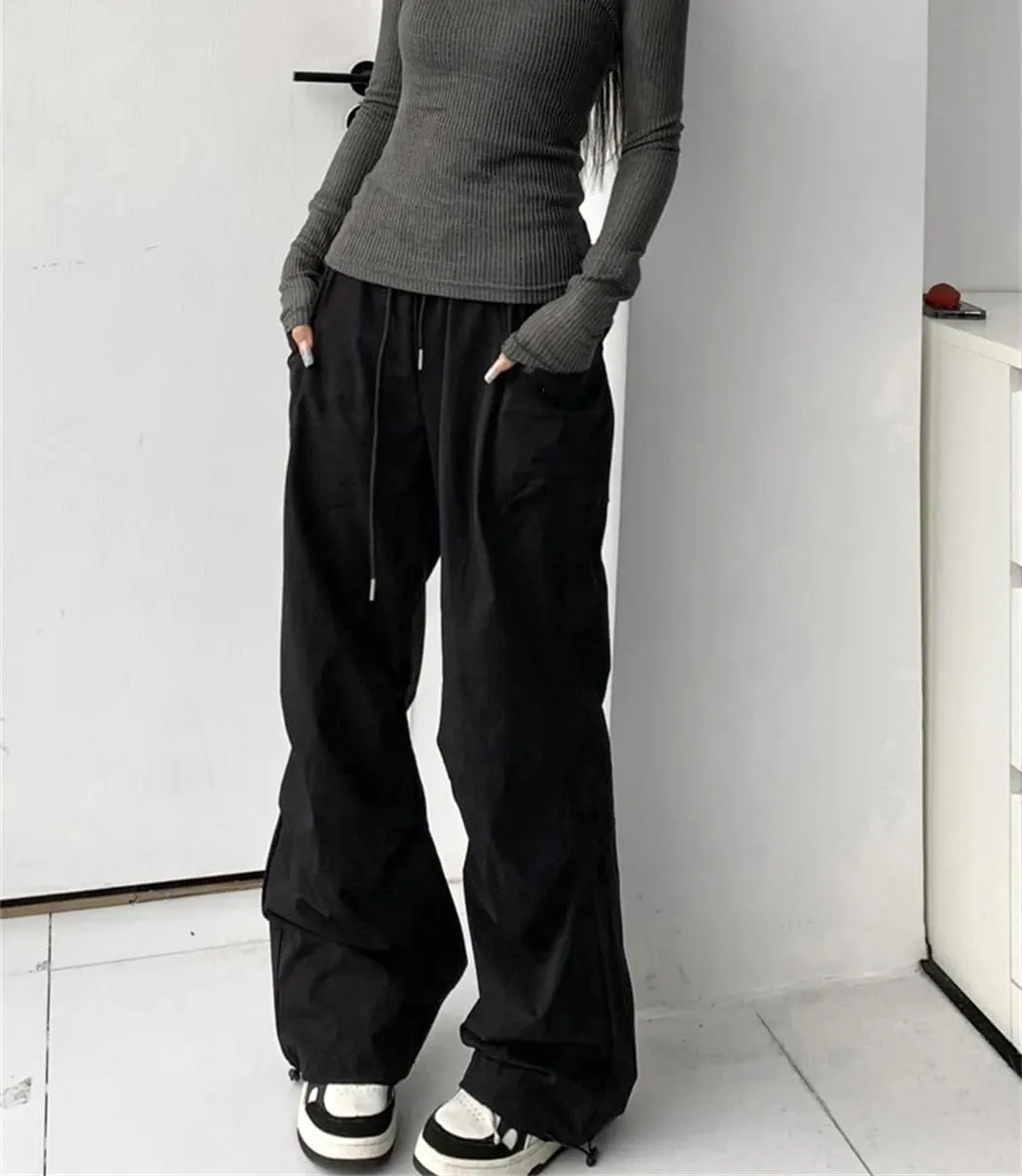 Women Summer Vintage Pockets Cargo Trousers Low Rise Wide Leg Joggers Pants