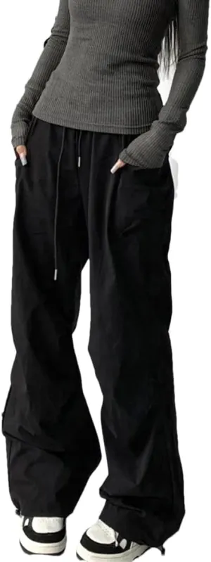 Women Summer Vintage Pockets Cargo Trousers Low Rise Wide Leg Joggers Pants