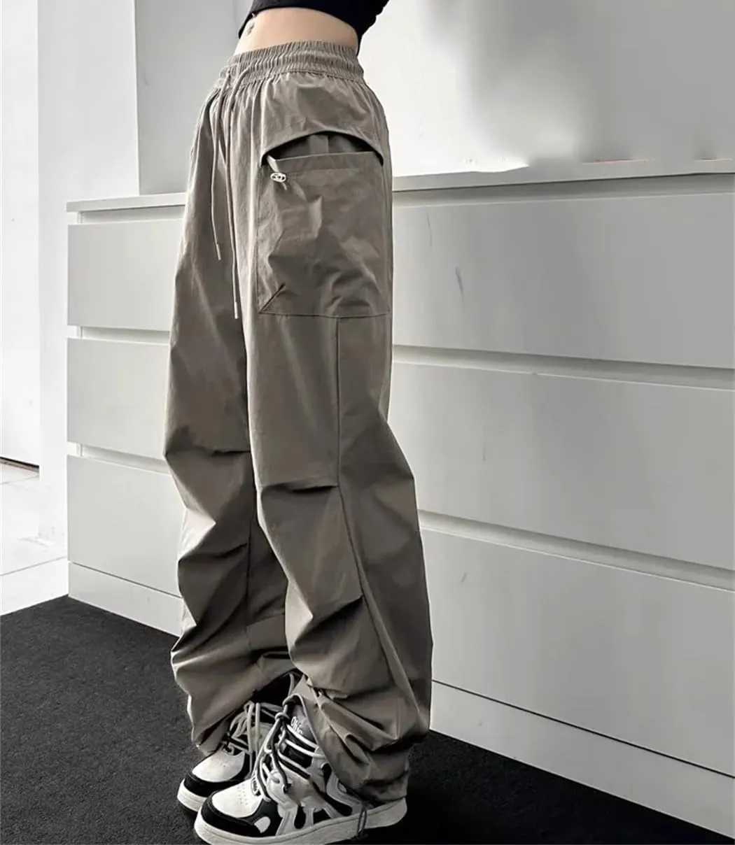 Women Summer Vintage Pockets Cargo Trousers Low Rise Wide Leg Joggers Pants