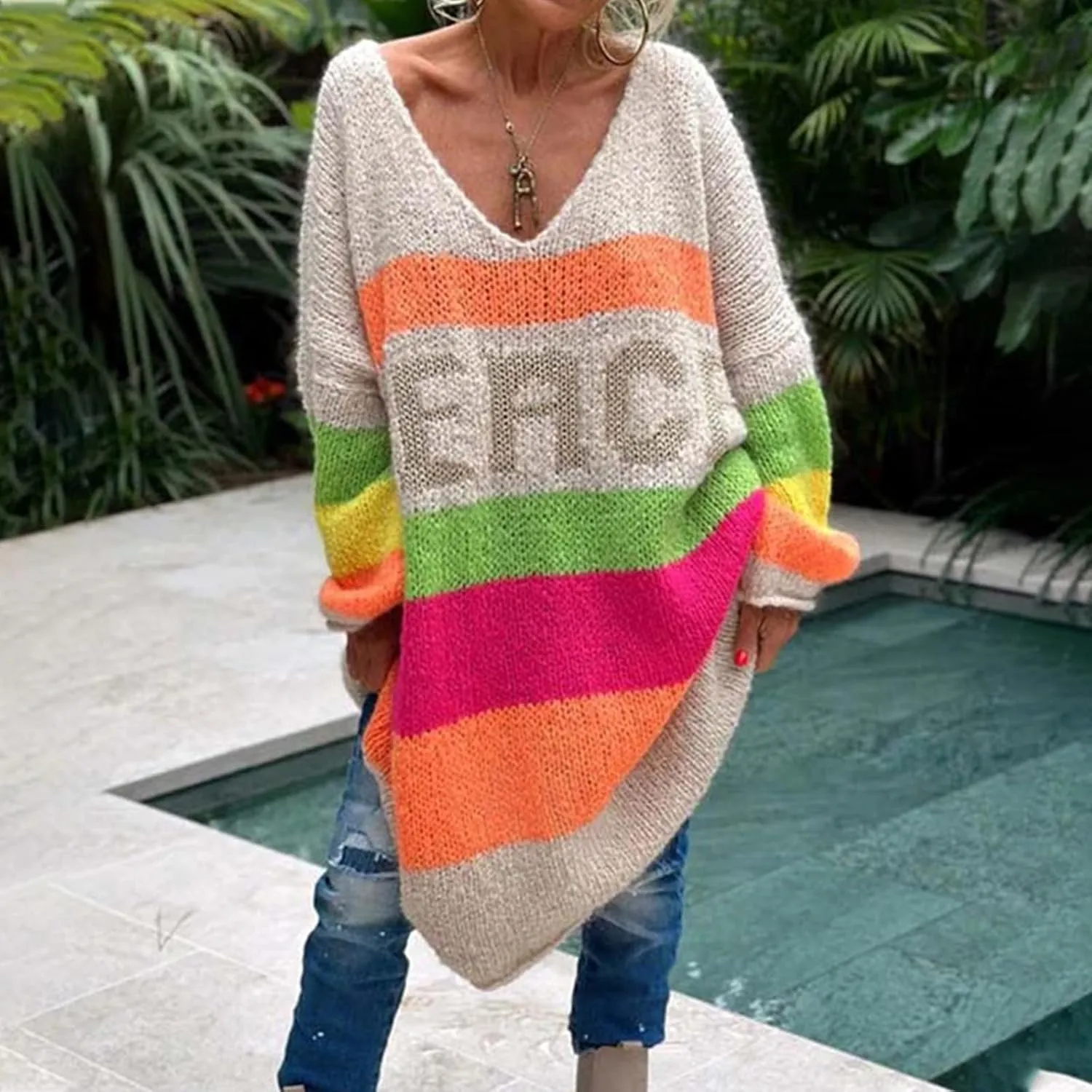 Women Trendy Oversized Sweater Dress Peace Letter Print Color Block Midi Dresses V Neck Long Sleeve Casual Knit Robe