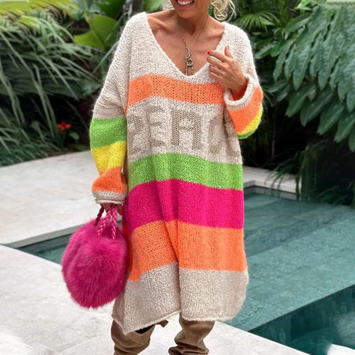 Women Trendy Oversized Sweater Dress Peace Letter Print Color Block Midi Dresses V Neck Long Sleeve Casual Knit Robe