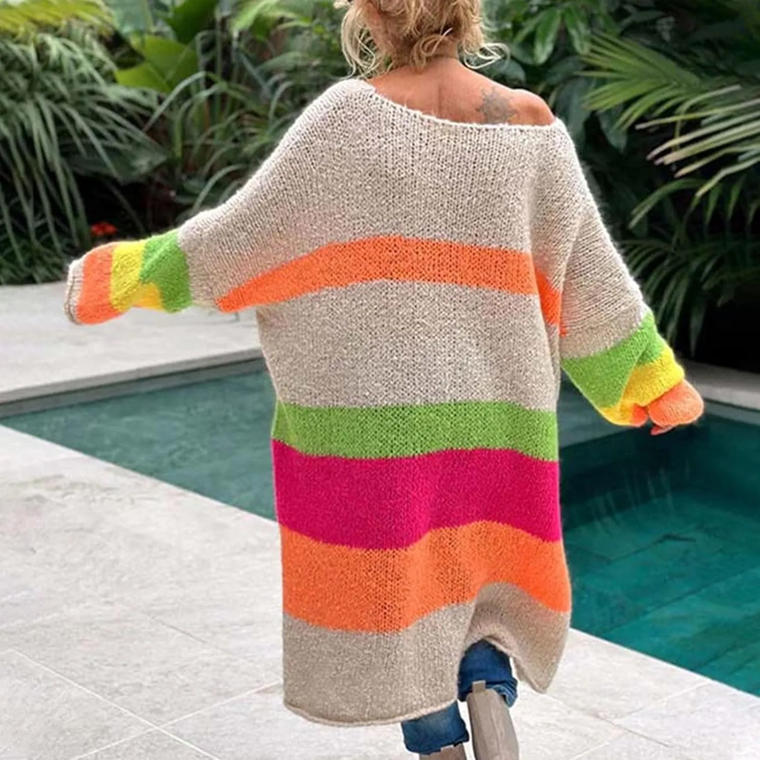 Women Trendy Oversized Sweater Dress Peace Letter Print Color Block Midi Dresses V Neck Long Sleeve Casual Knit Robe