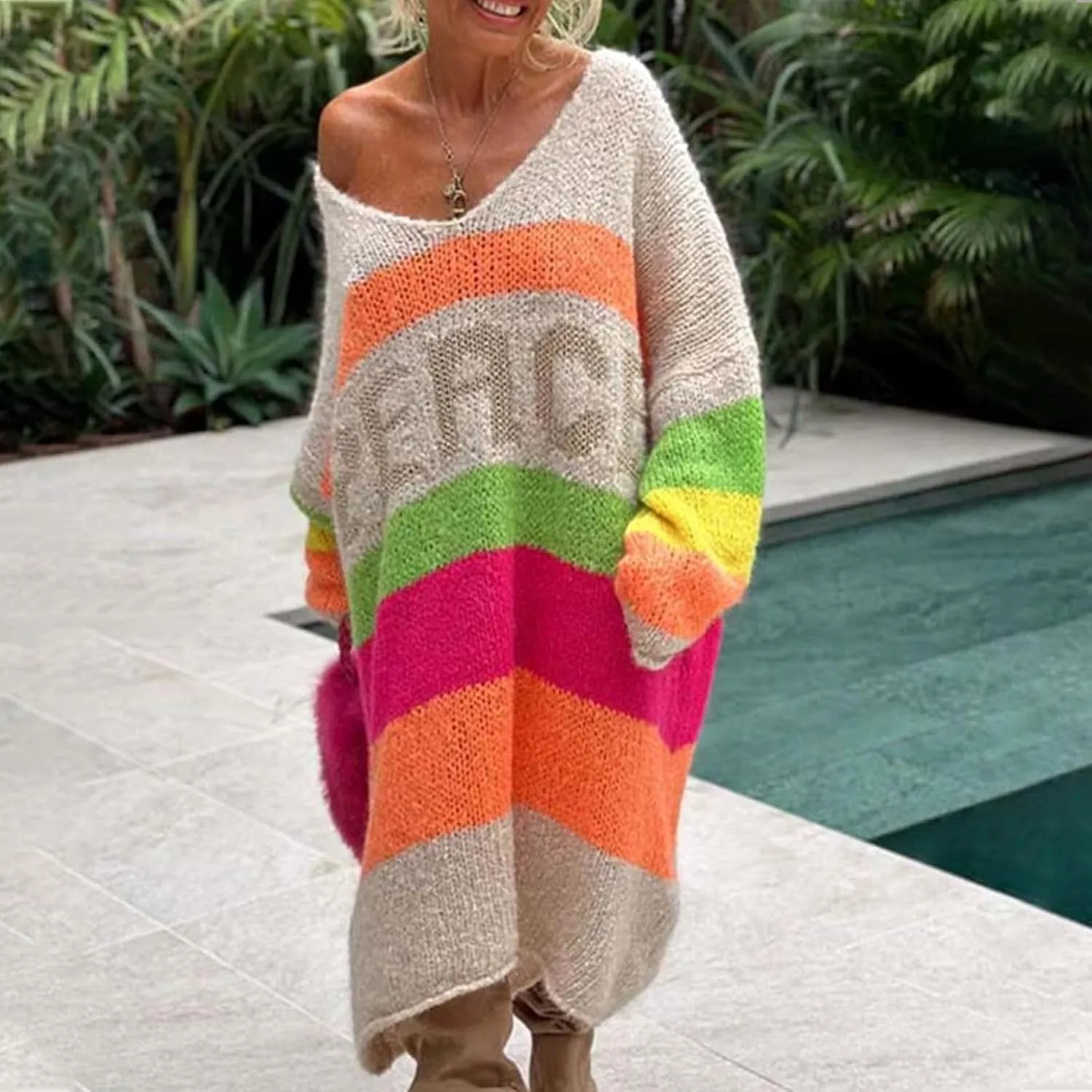 Women Trendy Oversized Sweater Dress Peace Letter Print Color Block Midi Dresses V Neck Long Sleeve Casual Knit Robe