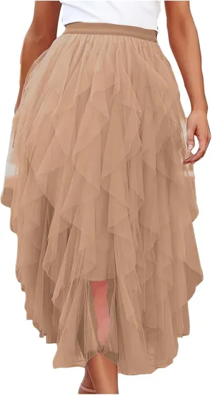 Women Tulle Midi Skirts High Waisted Fairy Party Skirt Puffy Ruffle Dress Asymmetrical Layered Hem Clothes