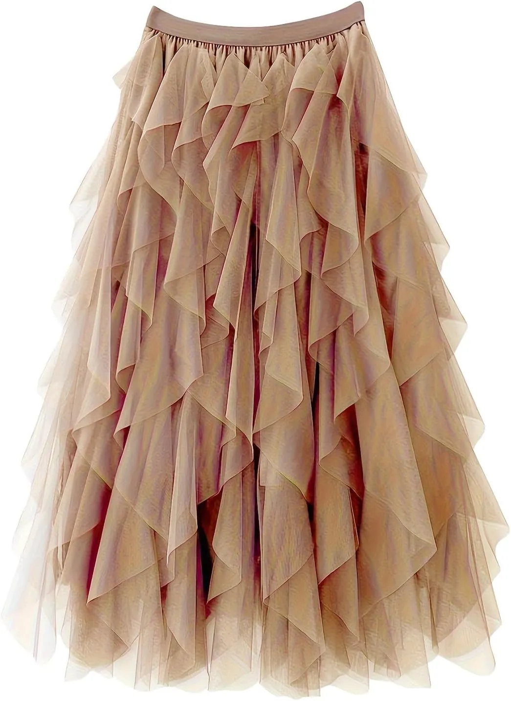 Women Tulle Midi Skirts High Waisted Fairy Party Skirt Puffy Ruffle Dress Asymmetrical Layered Hem Clothes