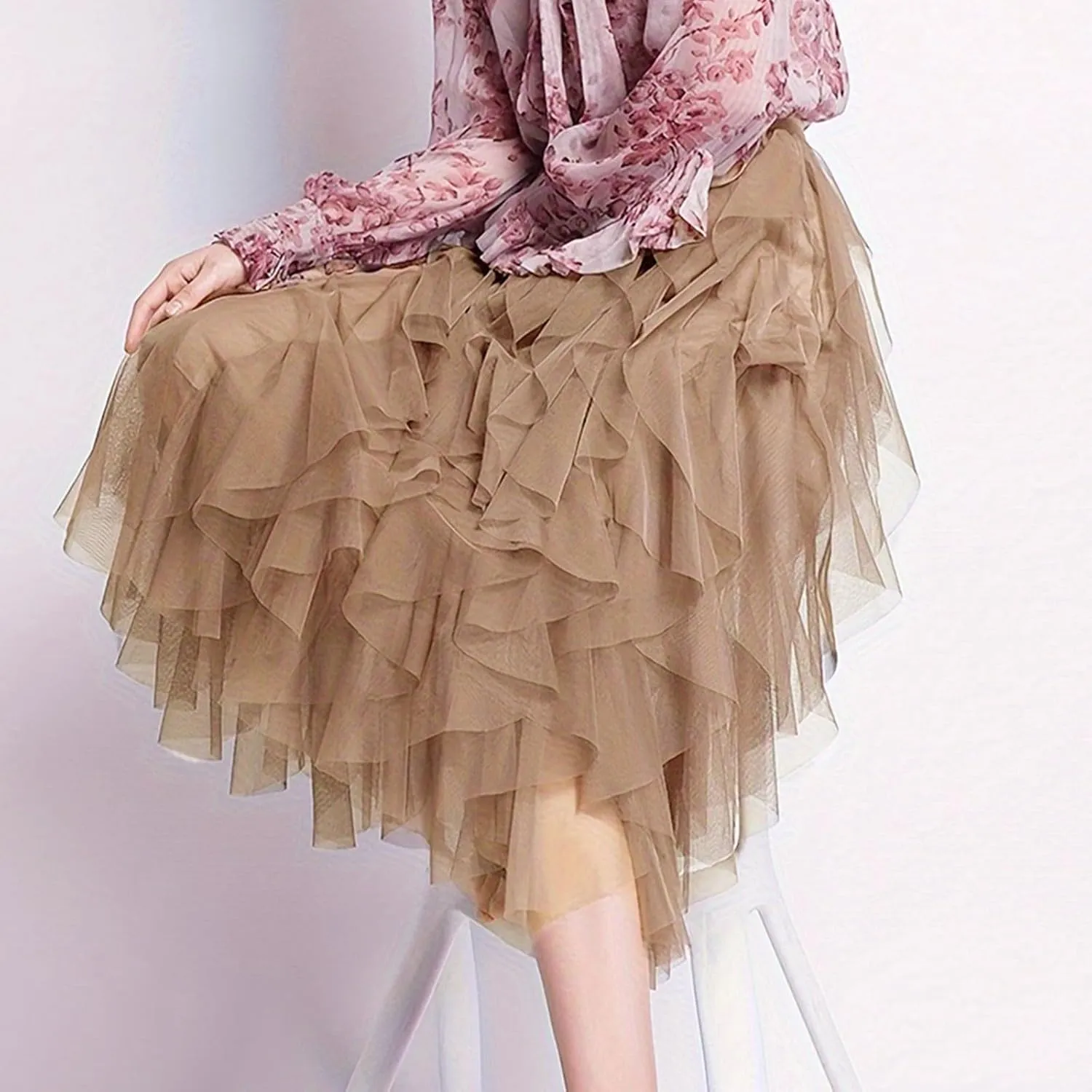 Women Tulle Midi Skirts High Waisted Fairy Party Skirt Puffy Ruffle Dress Asymmetrical Layered Hem Clothes