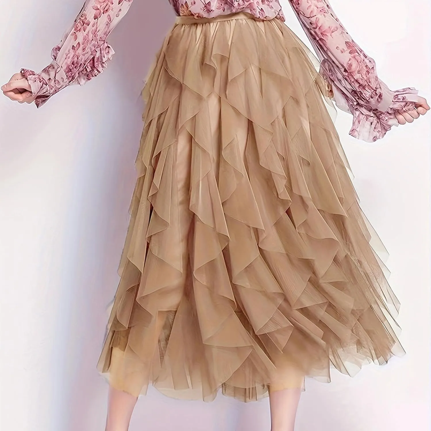 Women Tulle Midi Skirts High Waisted Fairy Party Skirt Puffy Ruffle Dress Asymmetrical Layered Hem Clothes