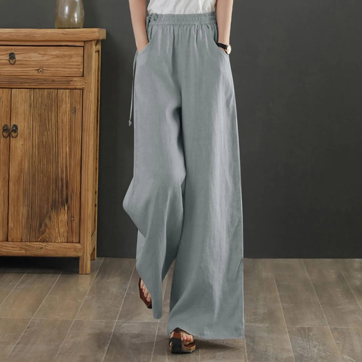 Women Wide Leg Flowy Pants Retro Summer Lightweight Cotton Linen Pants Loose High Waisted Beach Trousers with Pockets