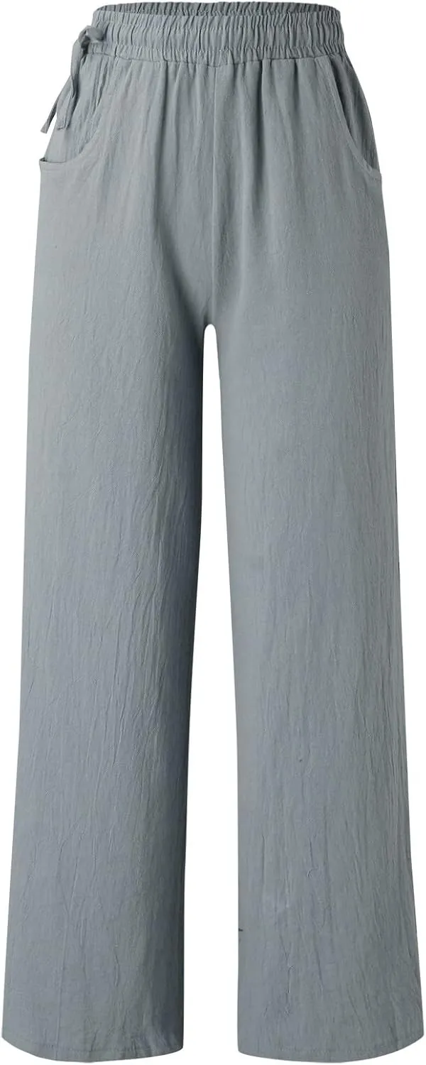 Women Wide Leg Flowy Pants Retro Summer Lightweight Cotton Linen Pants Loose High Waisted Beach Trousers with Pockets