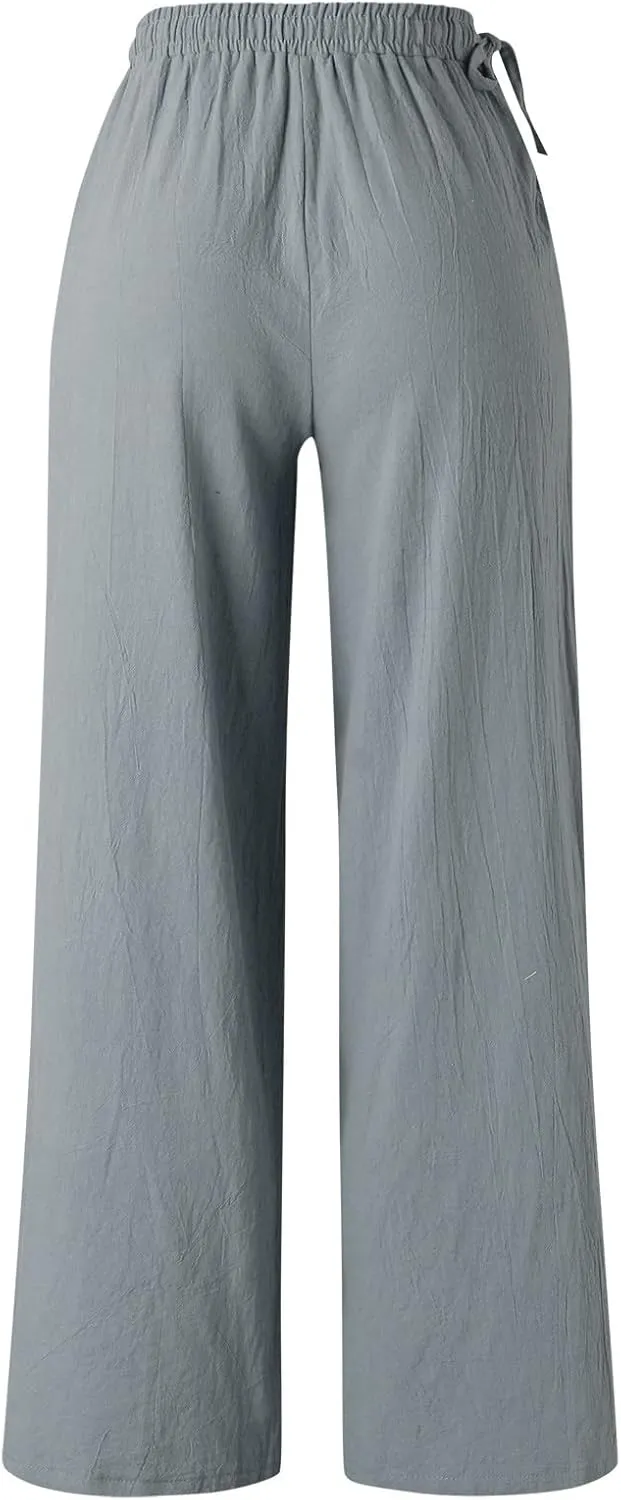 Women Wide Leg Flowy Pants Retro Summer Lightweight Cotton Linen Pants Loose High Waisted Beach Trousers with Pockets