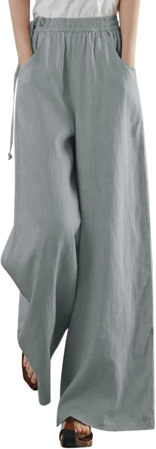 Women Wide Leg Flowy Pants Retro Summer Lightweight Cotton Linen Pants Loose High Waisted Beach Trousers with Pockets
