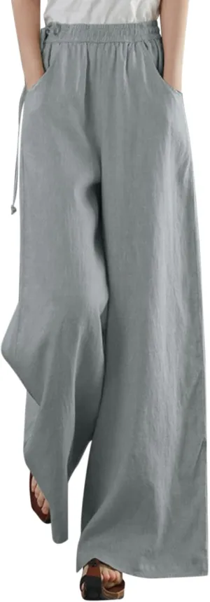 Women Wide Leg Flowy Pants Retro Summer Lightweight Cotton Linen Pants Loose High Waisted Beach Trousers with Pockets