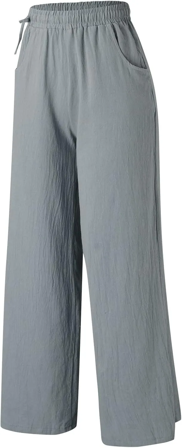 Women Wide Leg Flowy Pants Retro Summer Lightweight Cotton Linen Pants Loose High Waisted Beach Trousers with Pockets