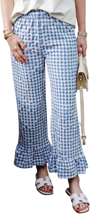 Women Y2K Plaid Pants Gingham Elastic Waist Ruffle Hem Wide Leg Lounge Trousers Casual Loose Fit Aesthetic Pants