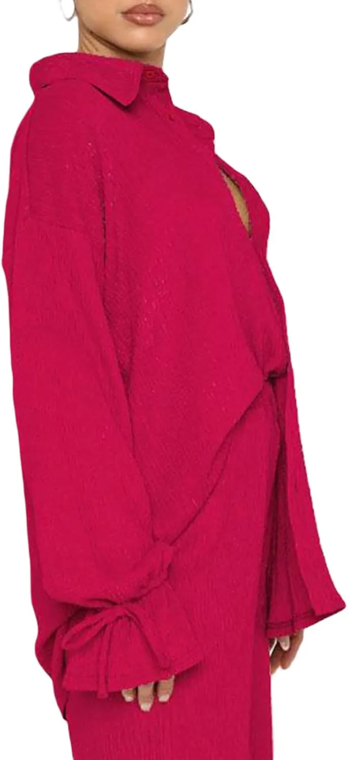 Women's 2 Piece Casual Outfits Solid Graphic Button Shirt and Loose High Waist Wide Leg Palazzo Pants Set Shorts