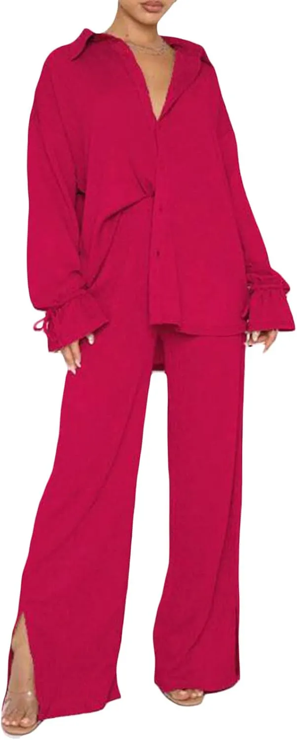 Women's 2 Piece Casual Outfits Solid Graphic Button Shirt and Loose High Waist Wide Leg Palazzo Pants Set Shorts