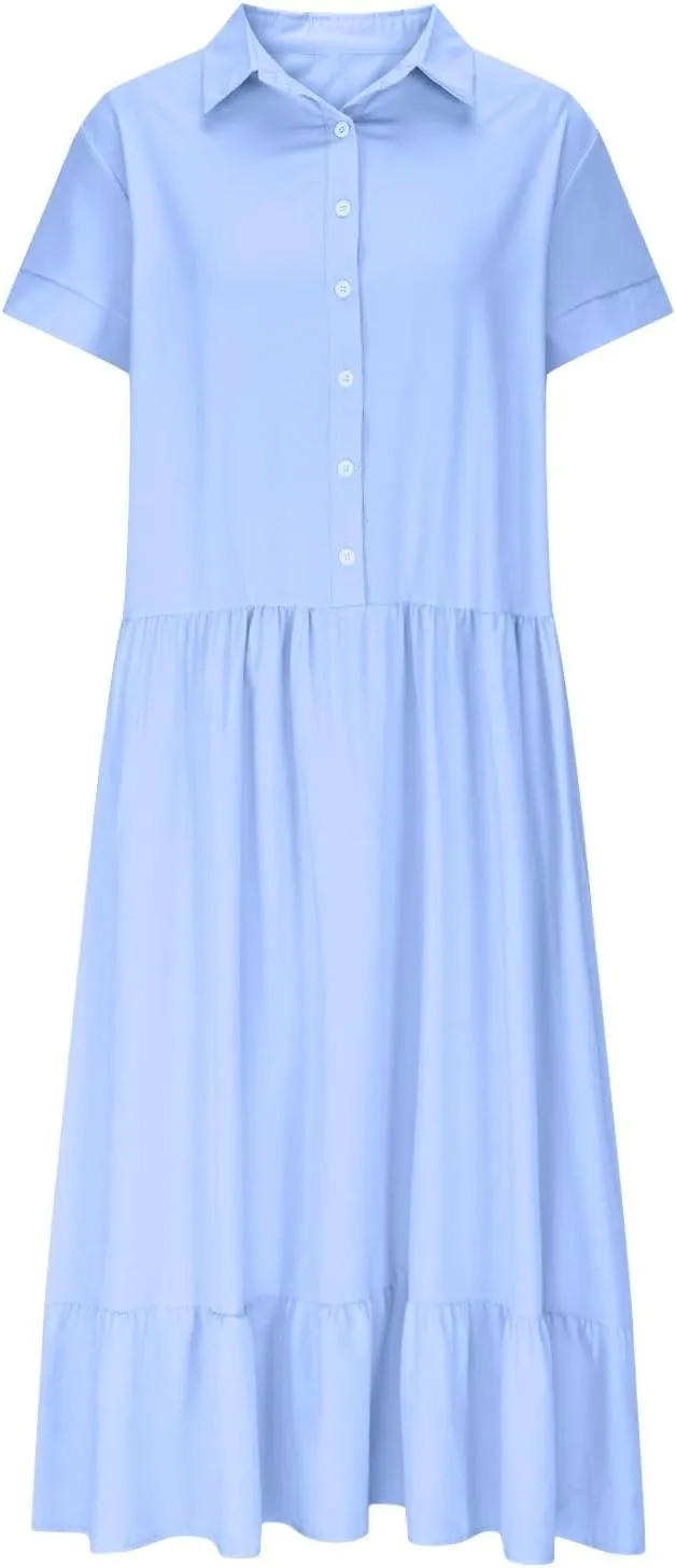 Womens 2025 Short Sleeve Crewneck Maxi Dresses Plus Size Loose Midi Dress Summer Beach Long Dress
