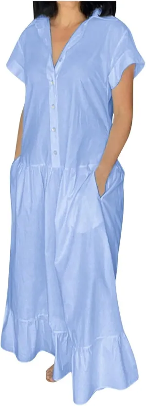 Womens 2025 Short Sleeve Crewneck Maxi Dresses Plus Size Loose Midi Dress Summer Beach Long Dress