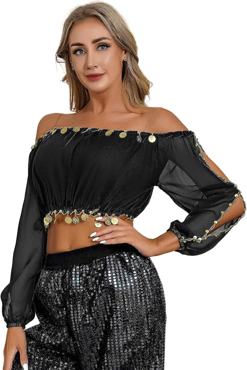 Women's 2Pcs Belly Dancer Costumes Crop Top Harem Pants with Built-in Shorts for Dress Up