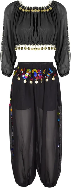 Women's 2Pcs Belly Dancer Costumes Crop Top Harem Pants with Built-in Shorts for Dress Up