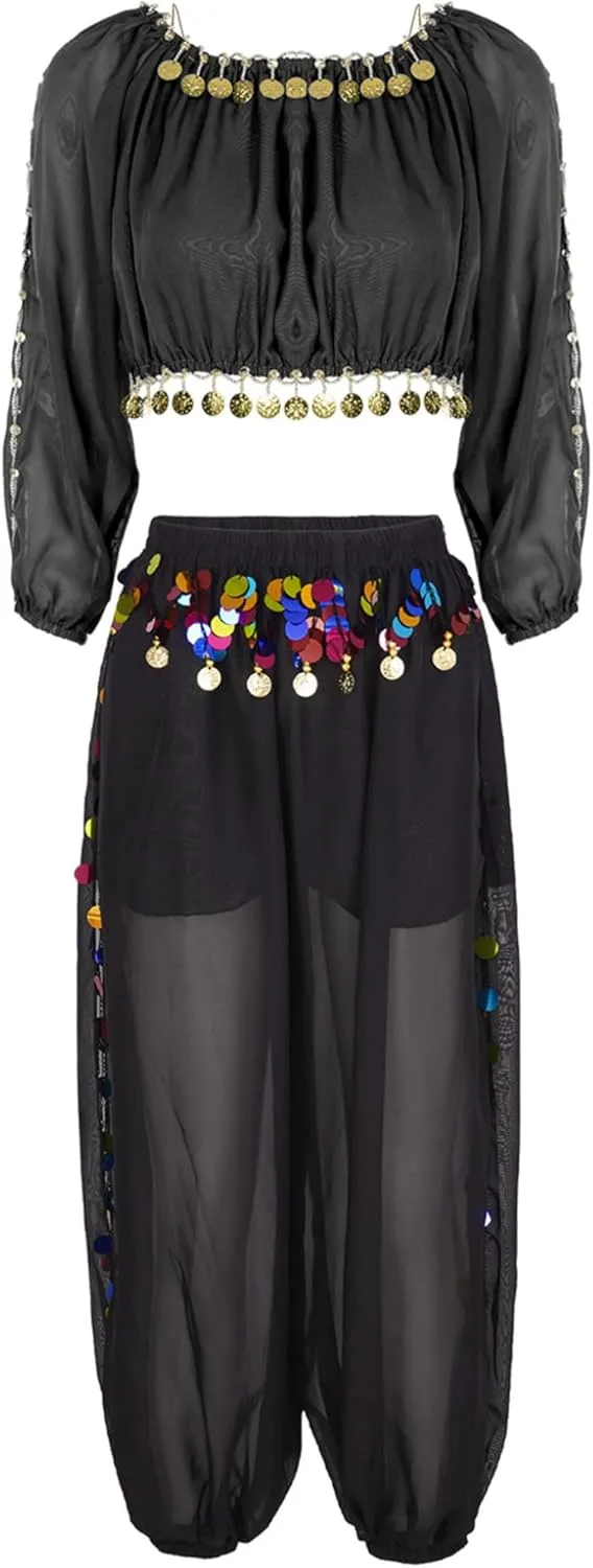 Women's 2Pcs Belly Dancer Costumes Crop Top Harem Pants with Built-in Shorts for Dress Up