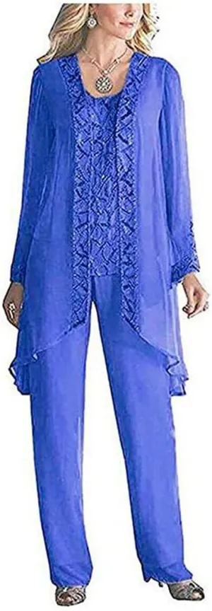 Women's 3 PC Chiffon Mother's Outfit Pants Suits for Wedding Plus Size Evening Gowns Dress Suit