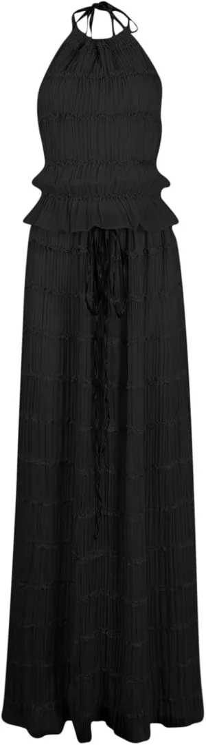 Women's Adjustable Backless Tie Halter Tank Top and Pleated Retro Drawstring Long Maxi Skirts Tiered Ruffle Skirt Sets