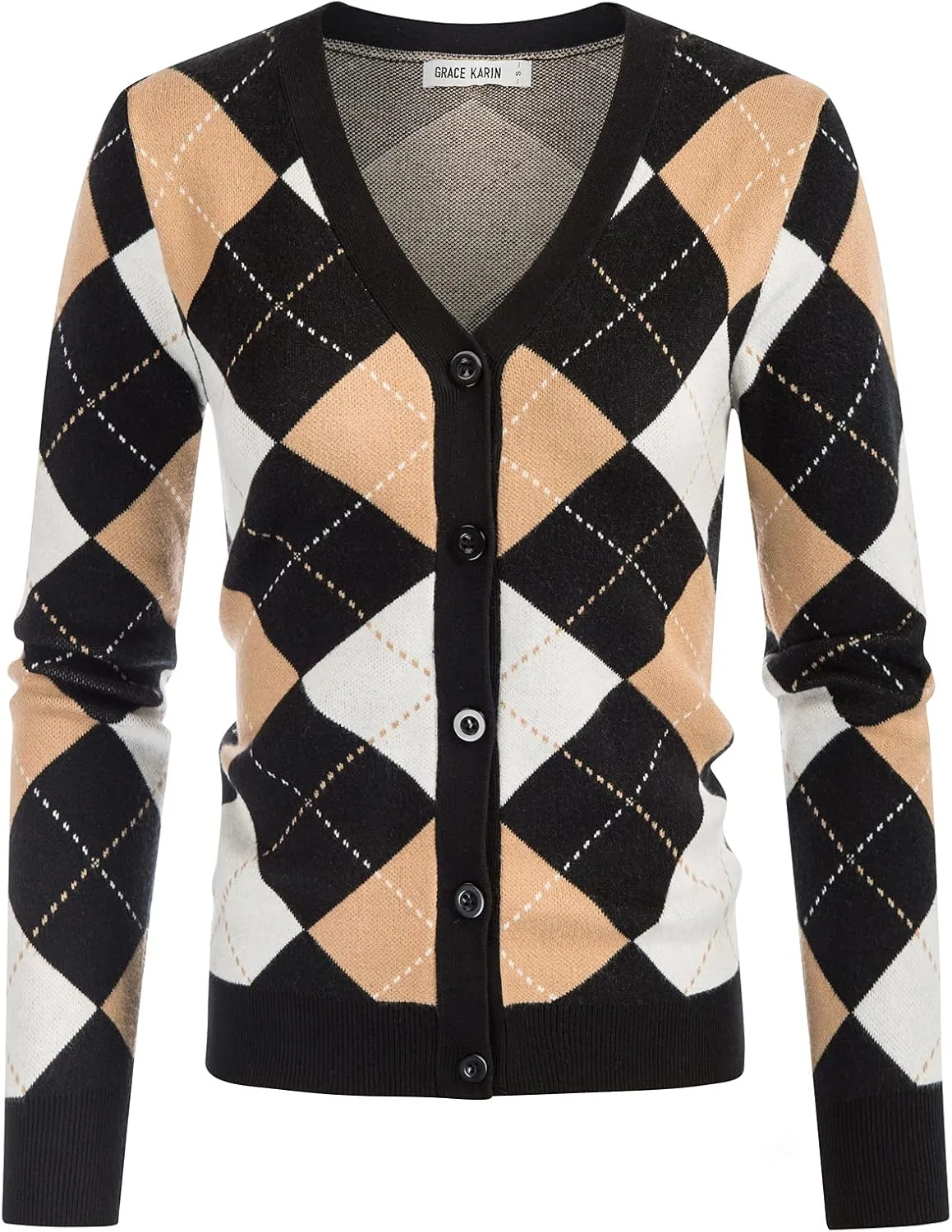 Womens Argyle Preppy Cardigan Sweater Casual V Neck Button Down Knit Cardigan Color Block Shrugs S-2XL
