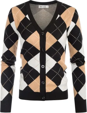 Womens Argyle Preppy Cardigan Sweater Casual V Neck Button Down Knit Cardigan Color Block Shrugs S-2XL