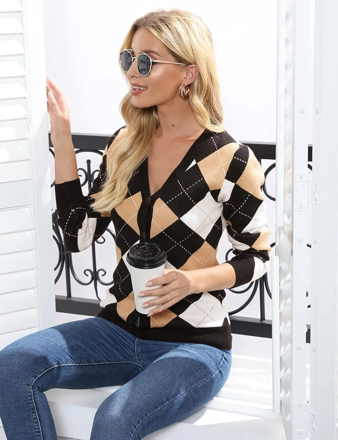 Womens Argyle Preppy Cardigan Sweater Casual V Neck Button Down Knit Cardigan Color Block Shrugs S-2XL