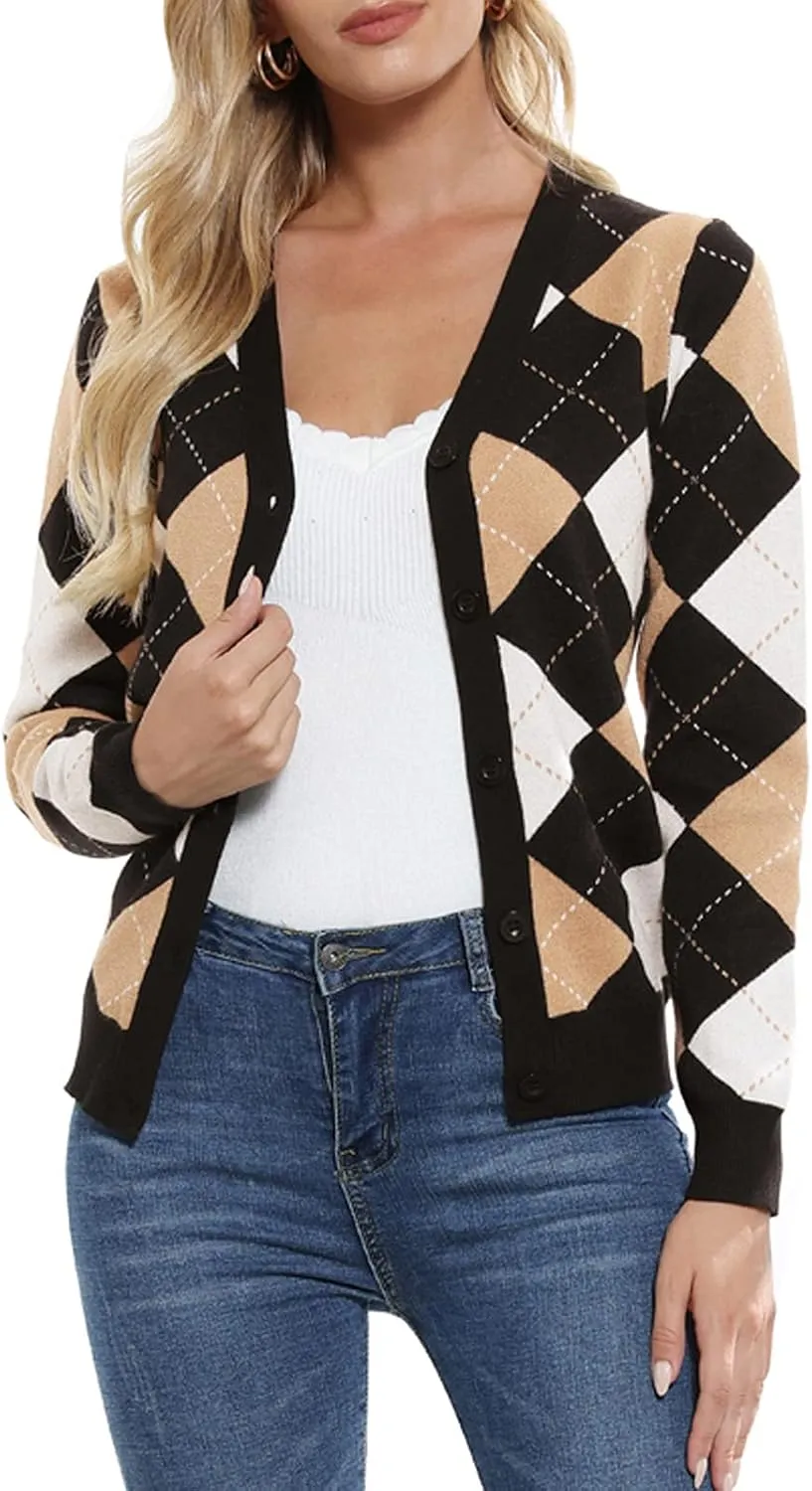 Womens Argyle Preppy Cardigan Sweater Casual V Neck Button Down Knit Cardigan Color Block Shrugs S-2XL