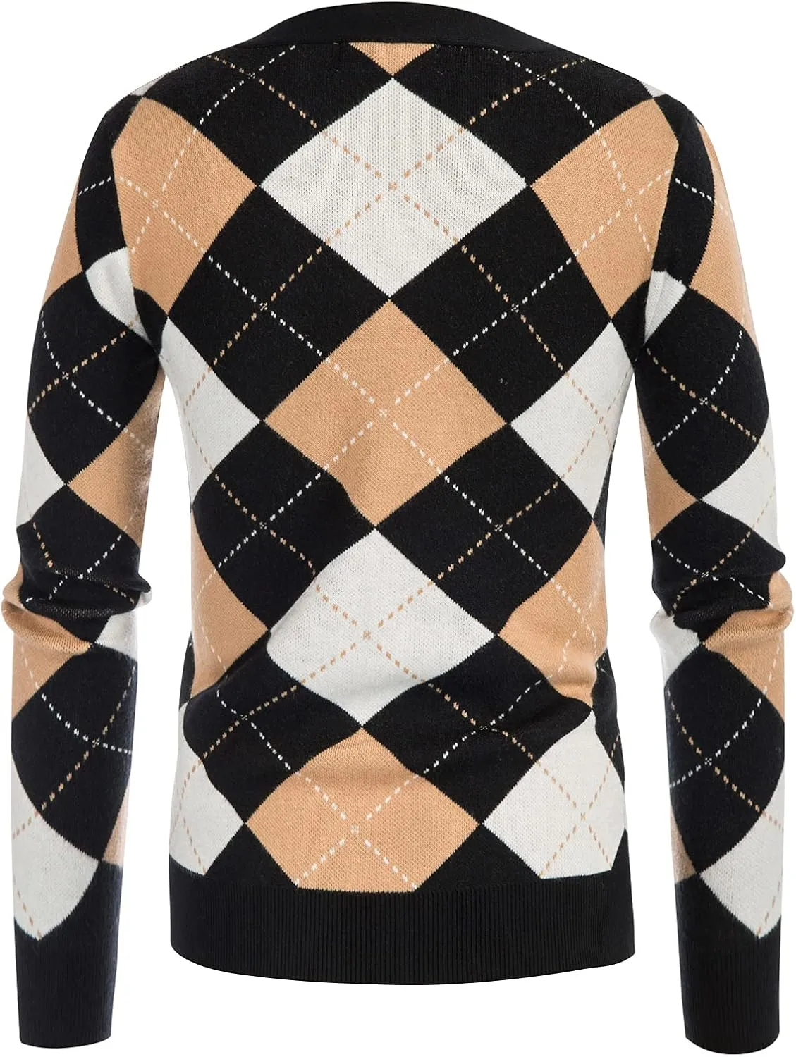 Womens Argyle Preppy Cardigan Sweater Casual V Neck Button Down Knit Cardigan Color Block Shrugs S-2XL