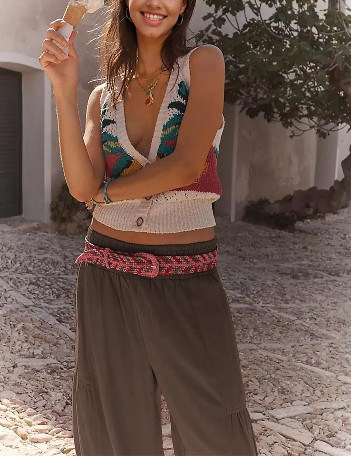 Womens Baggy Wide Leg Pants Casual Elastic Waist and Ankles Bohemian Palazzo Harem Pants with Pockets