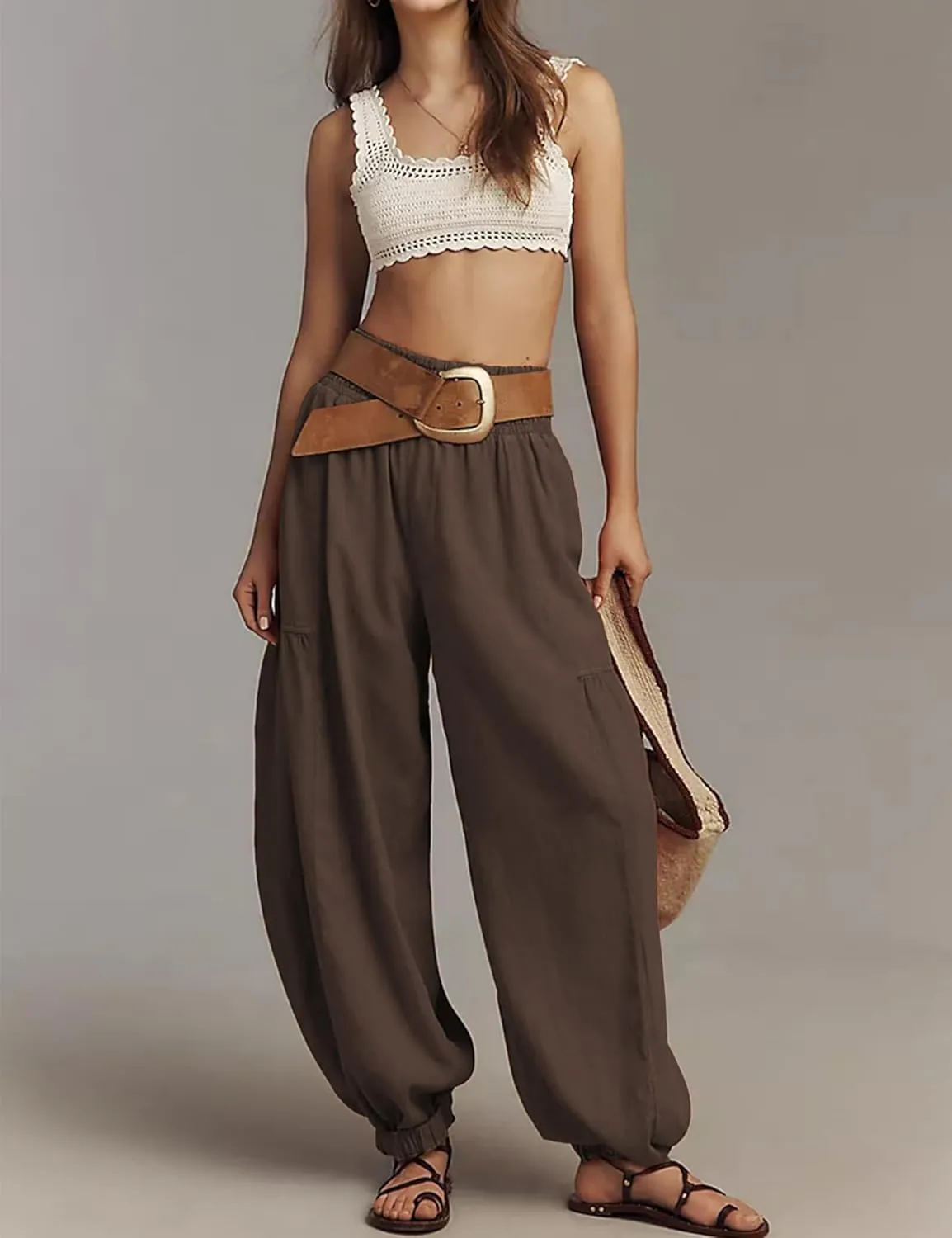 Womens Baggy Wide Leg Pants Casual Elastic Waist and Ankles Bohemian Palazzo Harem Pants with Pockets