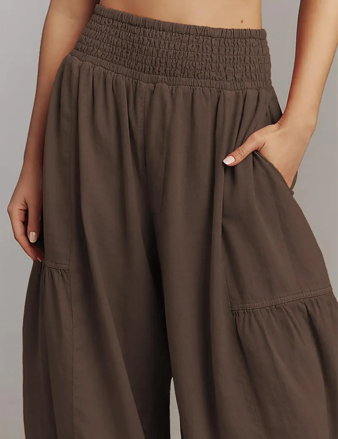 Womens Baggy Wide Leg Pants Casual Elastic Waist and Ankles Bohemian Palazzo Harem Pants with Pockets