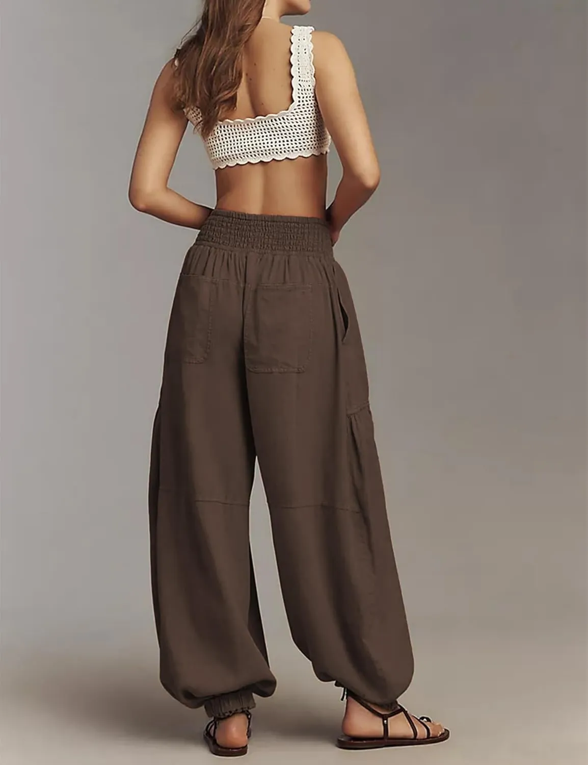 Womens Baggy Wide Leg Pants Casual Elastic Waist and Ankles Bohemian Palazzo Harem Pants with Pockets