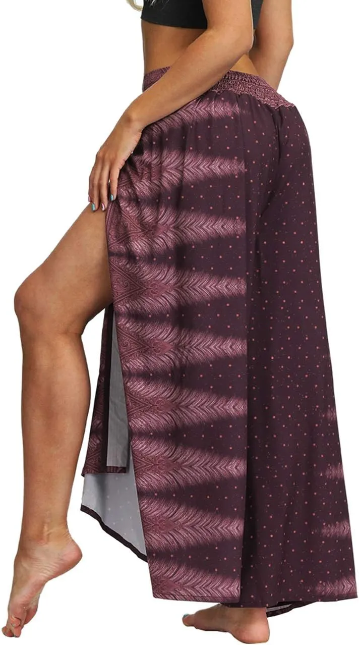Women's Bohemian Yoga Pant Palazzo Slit Wide Leg High Waist Hippie Trousers Flowy Pants