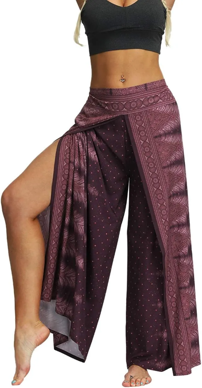 Women's Bohemian Yoga Pant Palazzo Slit Wide Leg High Waist Hippie Trousers Flowy Pants