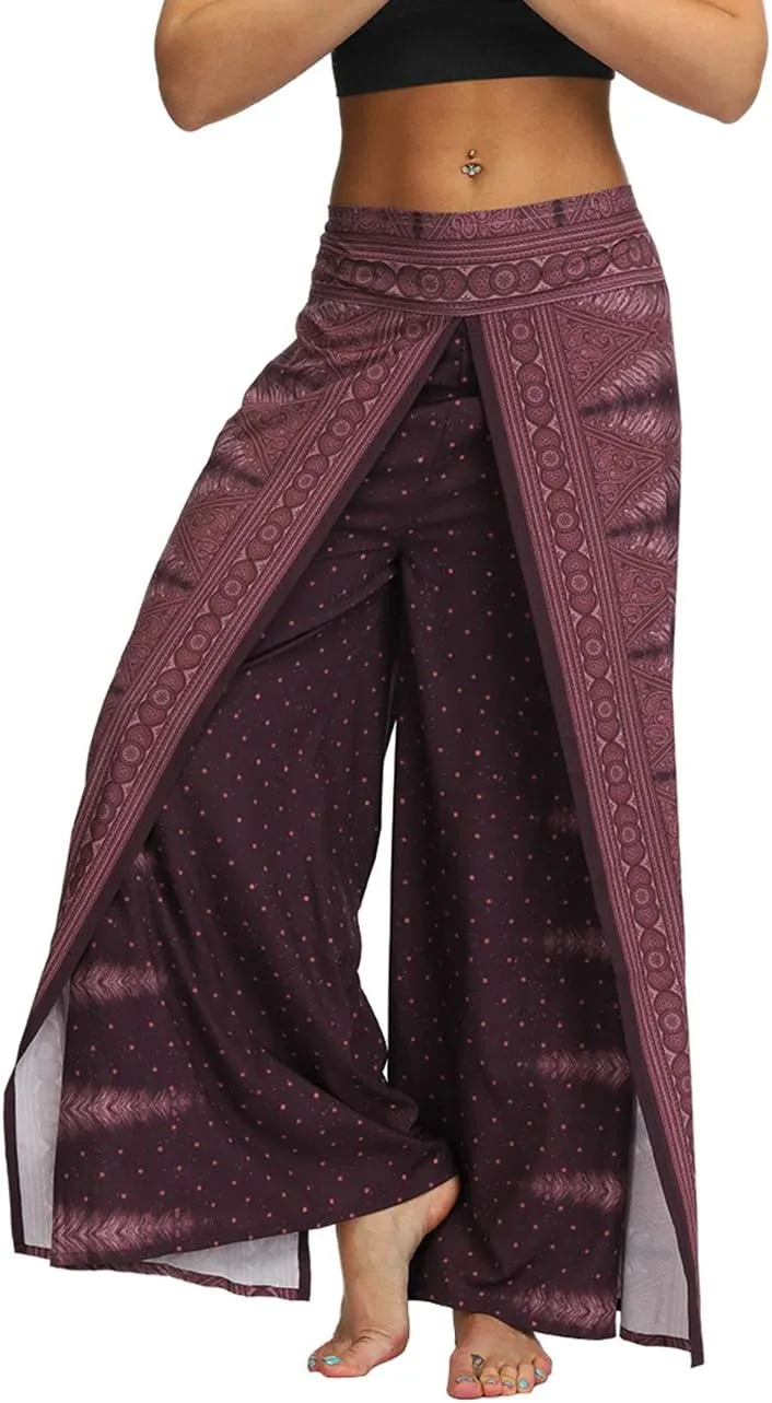 Women's Bohemian Yoga Pant Palazzo Slit Wide Leg High Waist Hippie Trousers Flowy Pants
