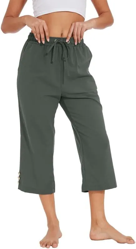 Womens Capris Pants High Waist Drawstring Comfy Casual Pants Lightweight Loose Trousers Buttons Trim with Pockets