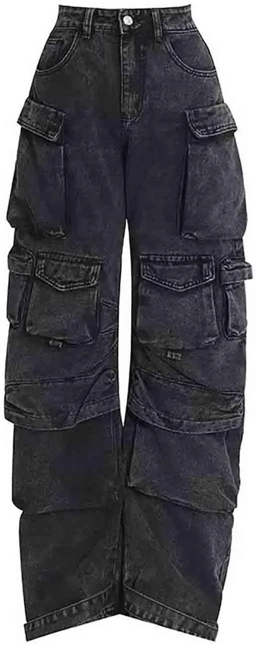Women's Cargo Pants Y2K Clothing Multi-Pocket Relaxed Fit Jeans Grunge Clothes Alt Emo Hip Streetwear