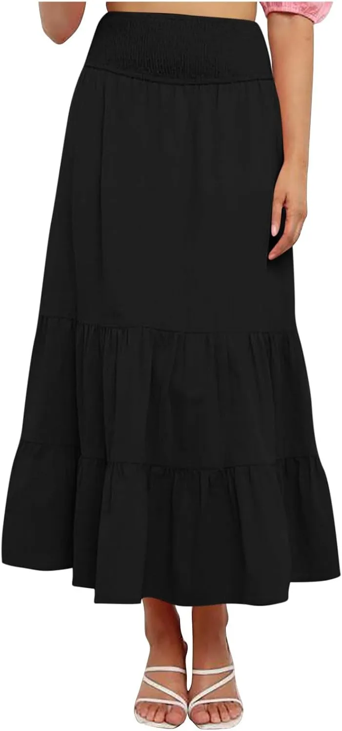 Women's Casual Boho Ankle Length Skirt Flowy High Waisted Tiered Ruched Maxi Skirts 2025 Trendy Summer Beach Dress
