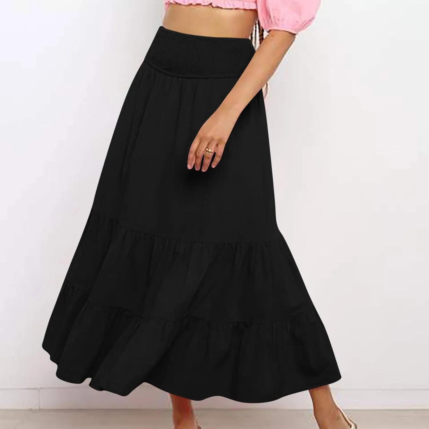 Women's Casual Boho Ankle Length Skirt Flowy High Waisted Tiered Ruched Maxi Skirts 2025 Trendy Summer Beach Dress