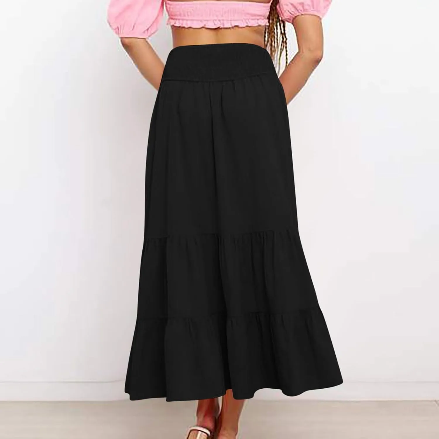 Women's Casual Boho Ankle Length Skirt Flowy High Waisted Tiered Ruched Maxi Skirts 2025 Trendy Summer Beach Dress