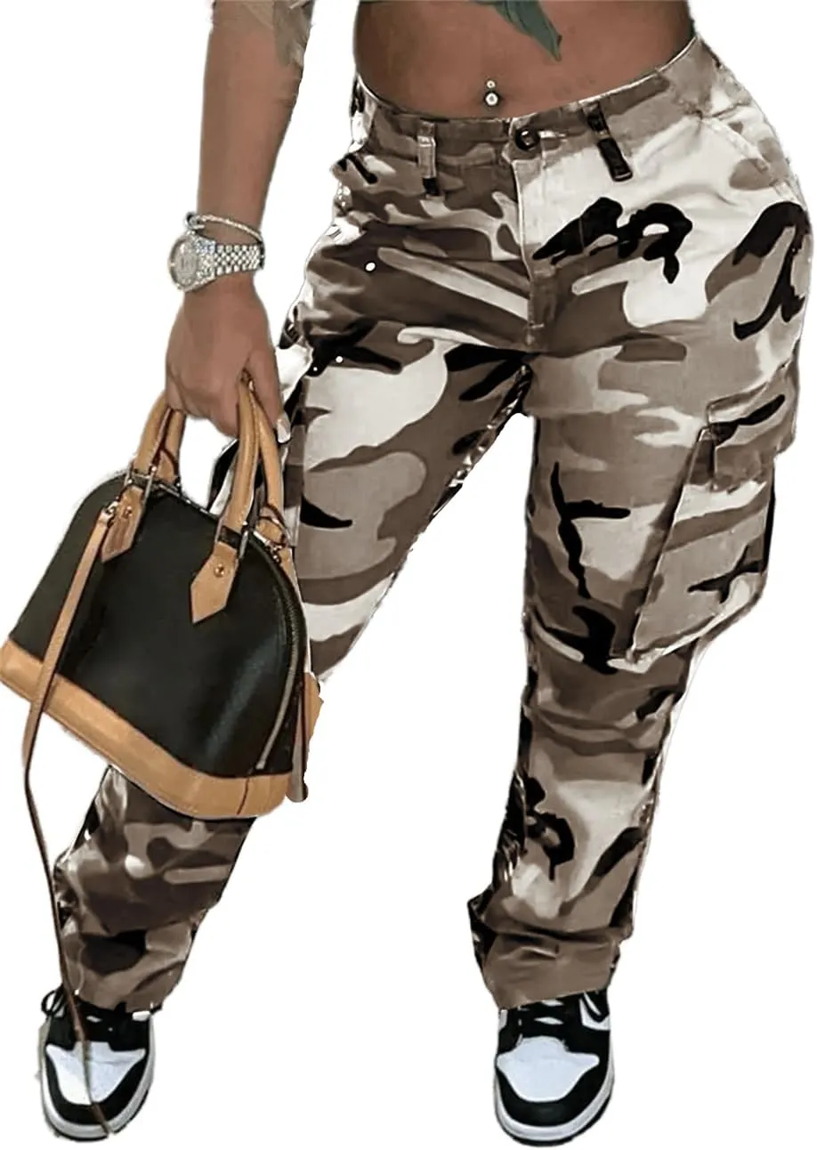 Womens Casual Camouflage Camo Cargo Long Pants with Pockets
