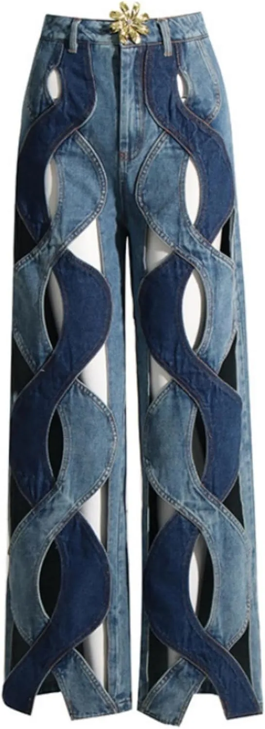 Womens Casual Straight Leg High Rise Cutout Metal Buttoned Jeans Denim Pants Streetwear