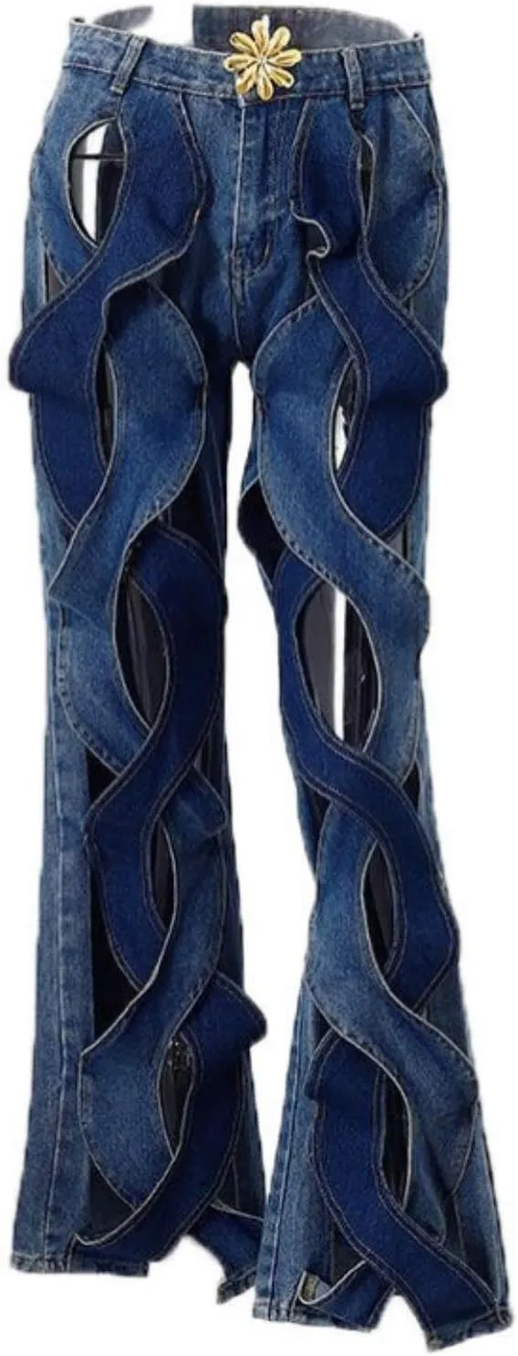 Womens Casual Straight Leg High Rise Cutout Metal Buttoned Jeans Denim Pants Streetwear